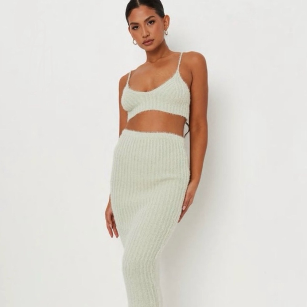 Missguided x Carli Bybel Sage Green Ribbed Cropped Top & Midi Pencil Skirt Set